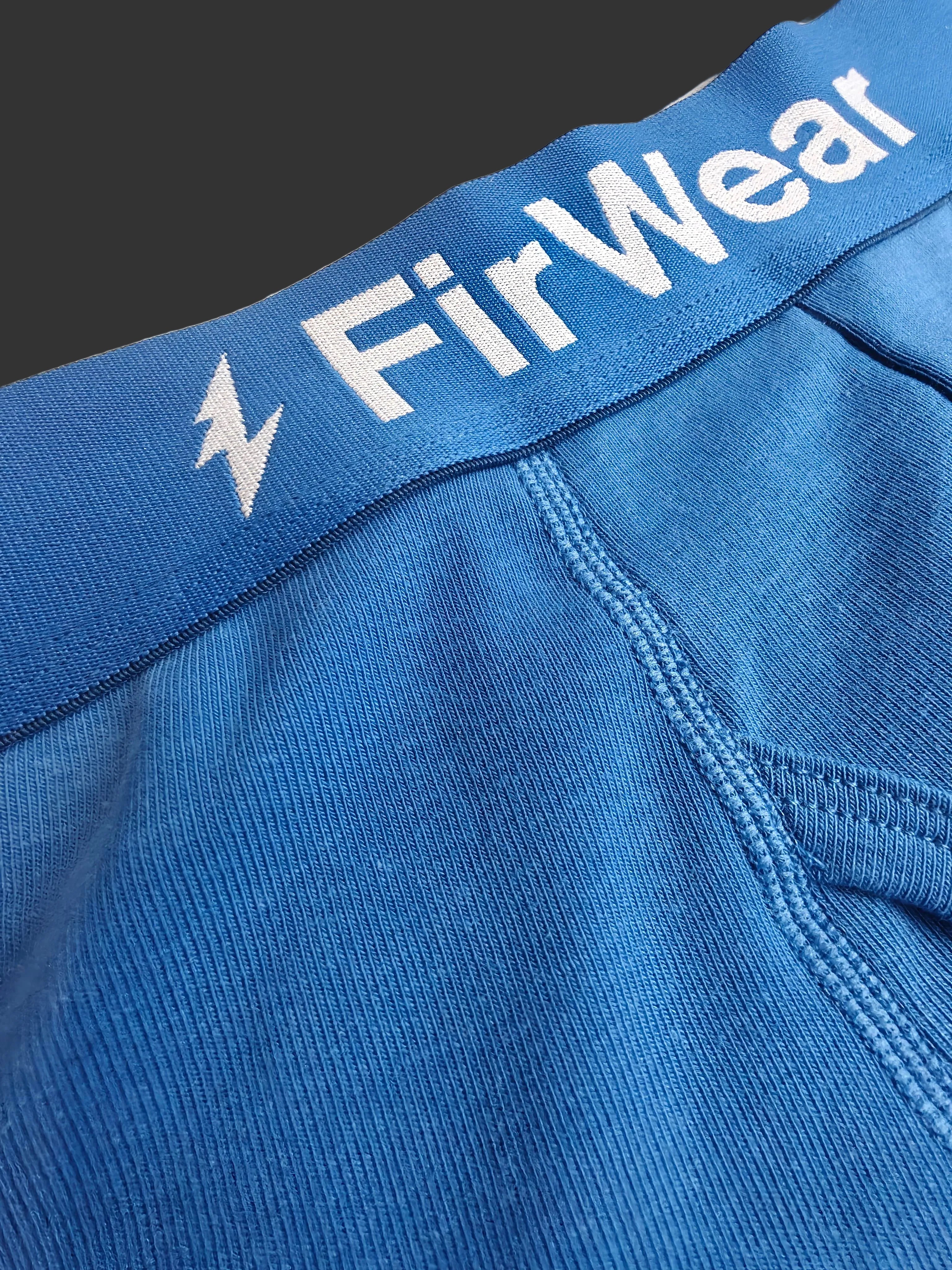 Blue fabric with 'FirWear' branding on a beige background